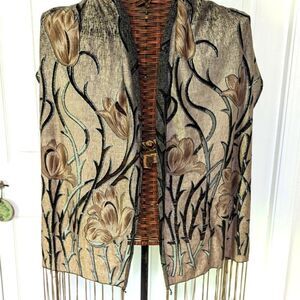 Vintage Taupey/Brown, Black and Silver Glitter Floral Oblong Scarf w/ Fringe